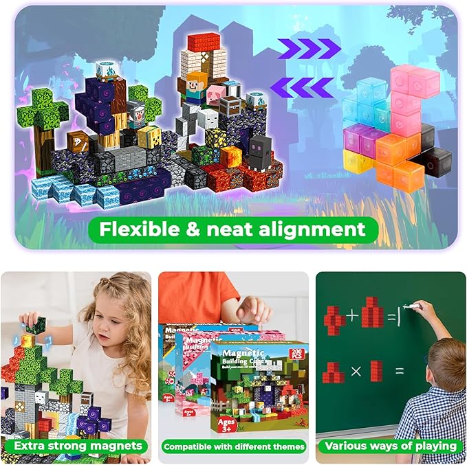200 PCS 0.8in Magnetic Blocks - Magnet Toys for Kids, Magnetic Building Blocks Cubes, Stacking Magnets, School STEM Toys Birthday Gifts for Boys and Girls Age 3+ Years Old (Theme: Portal)