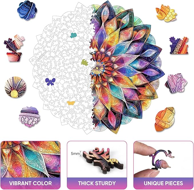 Ruikiyart Wooden Puzzles for Adults, 5MM 500 Pieces Crystal Flower Wooden Jigsaw Puzzles, Mandala Puzzle Unique Shaped for Adults and Kids on Thanksgiving,Christmas Family Puzzle Games (16.6"*16.9")