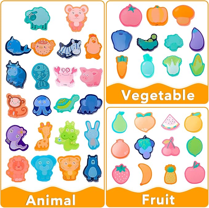 50PCS Wooden Lacing Beads,Animals Fruits Threading Beads Set,Wooden Preschool Learning Lacing Toys,Vegetable Stringing Toy,Montessori Educational Threading Toy for Toddlers 3 4 5 6 Year Old Boys Girls