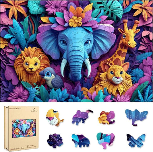 Ruikiyart Wooden Puzzles for Adults, 5MM 200 Pieces Animal World Wooden Jigsaw Puzzles, Unique Shaped Puzzle Gifts for Adults and Kids on Thanksgiving, Family Puzzle Games(12.1"*8.1")