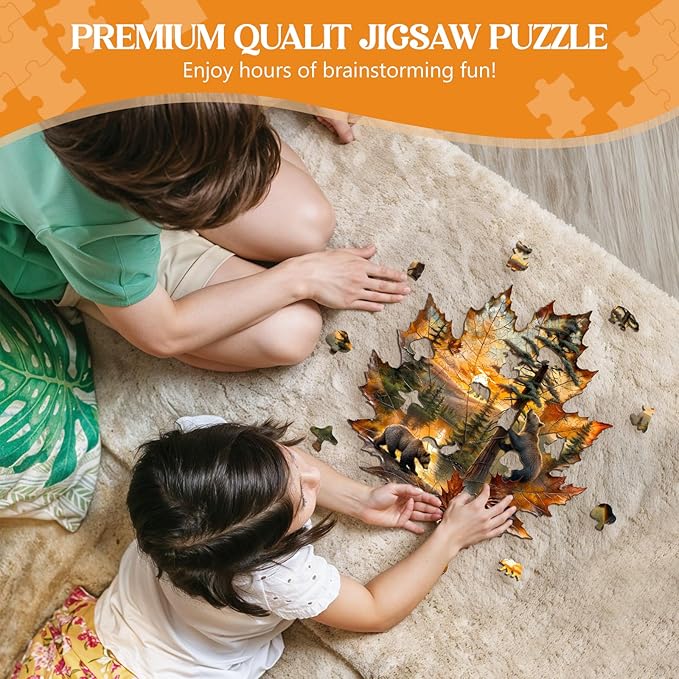 Wooden Puzzles for Adults, Wooden Jigsaw Puzzles for Adults, Brown Bear Autumn Maple Leaf Unique Shaped Wood Puzzles Adult, Creative Gifts for Friends Family Game, Home Decor (11.4 * 10.6in 155pcs)