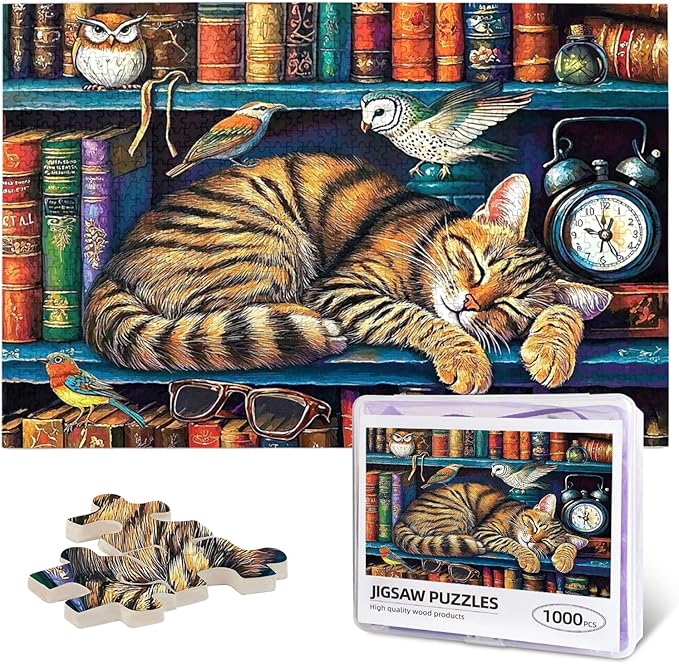 Cat Sleeping On The Bookshelf 1000 Piece Puzzle for Adults, Cats Library Jigsaw Puzzle, Funny Kitten Bookshelf Puzzles 1000 Piece, Challenging Puzzles for Friends Family Game Nights