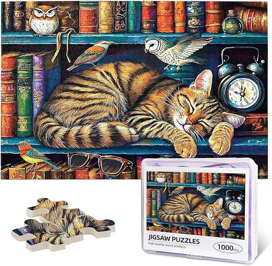 Cat Sleeping On The Bookshelf 1000 Piece Puzzle for Adults, Cats Library Jigsaw Puzzle, Funny Kitten Bookshelf Puzzles 1000 Piece, Challenging Puzzles for Friends Family Game Nights