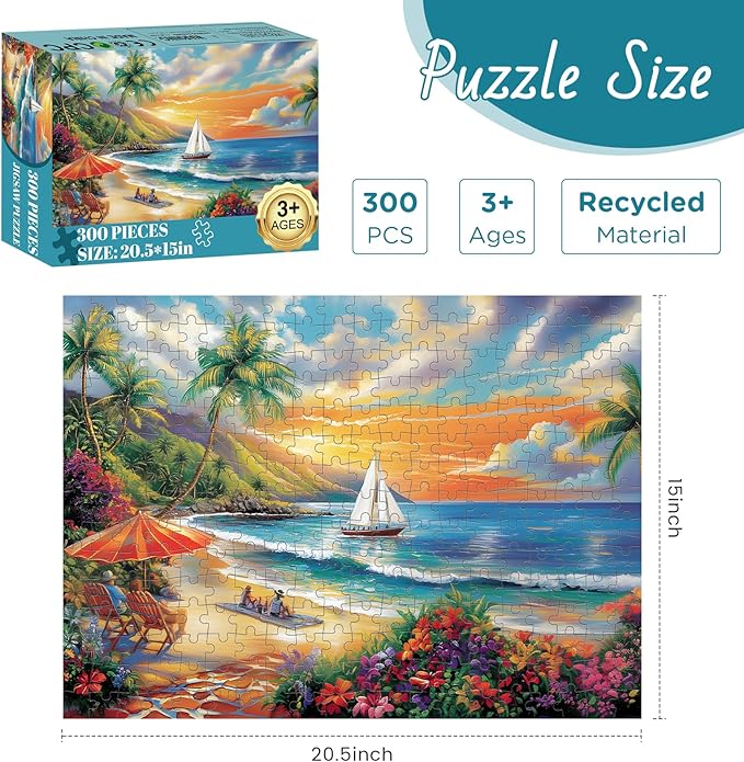 300 Pieces Puzzles for Adults, Summer Beach Jigsaw Puzzles 300 Pieces Puzzles for Adults Kids, Colorful Sunset Boat Jigsaw Puzzles, Birthday and Holiday Challenging Gift Toy 20.5x15 in