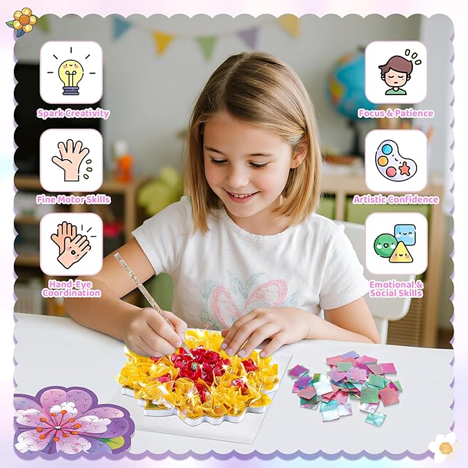 DIY Flower Bouquet Craft Kits, Poke in Arts and Crafts for Kids Girls Boys 4 5 6 7 8 9 10 11 12 Years Old Great Birthday Christmas Gifts 6 Flowers with LED Lights