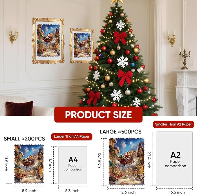 Christmas Sleigh Wooden Puzzles for Adults & Kids - 500 Pcs, Luxury Shaped Wood Jigsaw Puzzle, 12.6"x16.7", Challenging Holiday Family Game, Home Decor