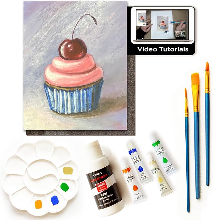 Painting4Real DIY Painting Class Kit for Adults with Video Tutorials: Learn to Paint Cherry Cupcake – How to Paint with Acrylics – Painting & Art Supplies – 9 Piece Acrylic Paint Set