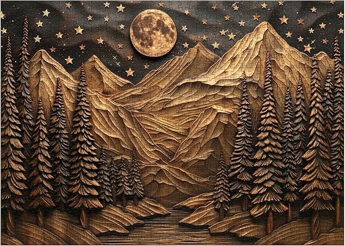 3D Mountain Puzzles for Adults 1000 Pieces, Challenging Forest Nature Puzzle, Art Landscape Tree Moon Jigsaw Puzzles