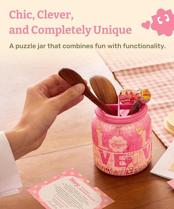Chupa Chups X PieceRelax 3D Puzzle Jar 96 Plastic Pieces for Adults - Sweet Days - Full of Love Use Includes Divider as Pen and Utensils Holder with Wooden Lid for Kitchen Dining Study [BB1045]