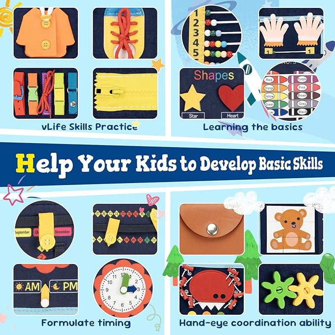 Toddler Busy Board Book Montessori Toys for 1 2 3 4 Years Old,Sensory Board Educational Activities for Learning Fine Motor Skill,Toy for Boy & Girl Birthday Gift,Toddler Toy for Airplane Car Travel﻿