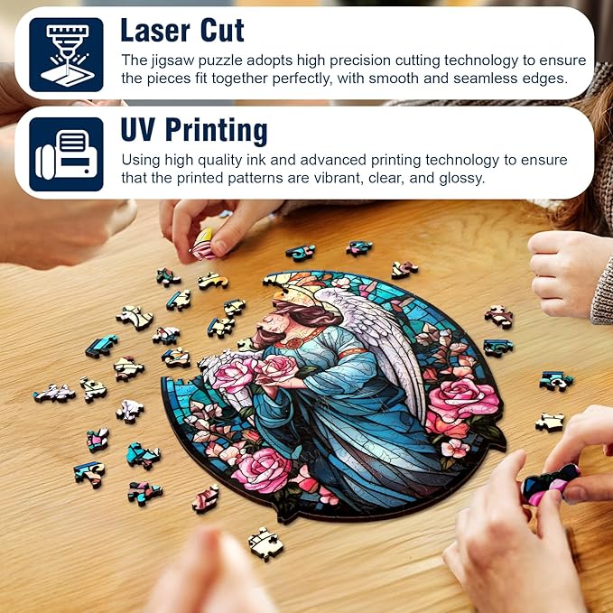 Wooden Puzzle for Adults, Stained Glass Angel Flower Puzzle, Wooden Jigsaw Puzzles, Unique Wood Cut Puzzles for Family Friend Puzzle Lovers, 200 Pieces 11.22"x9.25"