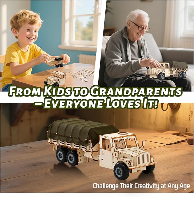 SIGHTEEDA Pull-Back Adventure Truck 3D Wooden Puzzle - 118 Pcs STEM Building Model Kit for Kids Ages 6-12 | All-Terrain Wheels & Removable Cover | Creative Gift for Kids & Teens
