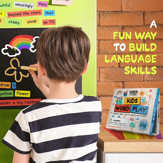 Kids Word Play – 632 Fridge Magnets for Children – Explore Sentence Building, Writing, Poetry, and Imagination with Magnet Words for Your Refrigerator – Big .75" Tall Tiles – Color-Coded