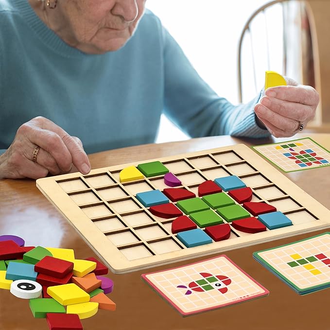 Activities for Dementia Patients, 80 Tiles Wooden Puzzle Games for Seniors, Colorful Shape Pattern Alzheimers Products for Elderly, Tile Matching Memory Cognitive Busy Board Gadgets Gifts