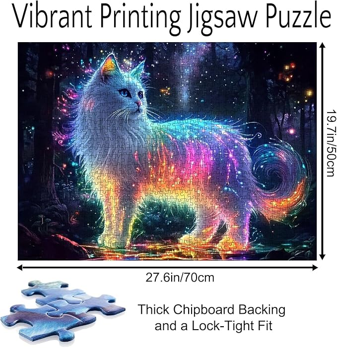 1000 Piece Jigsaw Puzzle-Shiny White Cat Puzzles 1000 Pieces for Adults,Huge Glowing Cat Colorful Light Spots Puzzles for Adults 1000 Pieces Dreamy Animal Puzzles Beautiful Wall Decor