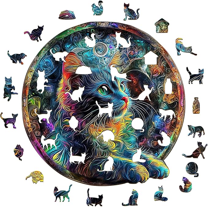 KAAYEE Wooden Puzzles for Adults, 3D Visual Colorful Cat Wooden Jigsaw Puzzle Unique Shape Wood Puzzle Adult, 3D Effect Flat Puzzle Birthday Family Games (M-11.4 * 11.4 in-200pcs)