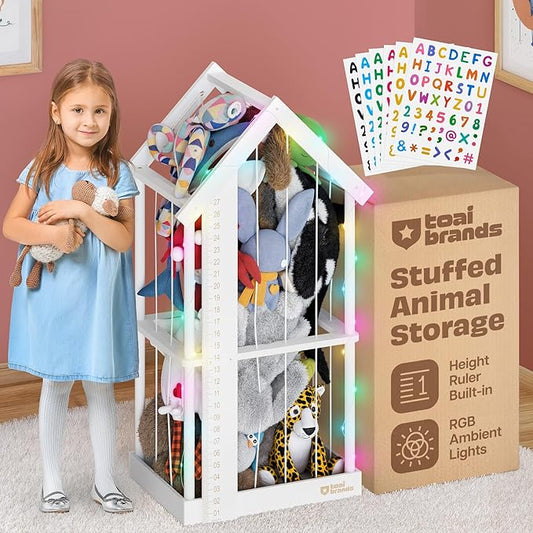 Stuffed Animal Zoo Storage Cage | Wooden Plush Tower Storage | Durable Plush Toy Stuffie Holder | Vertical Jail Organizer With Height Ruler, Stickers & Rgb Light (White)
