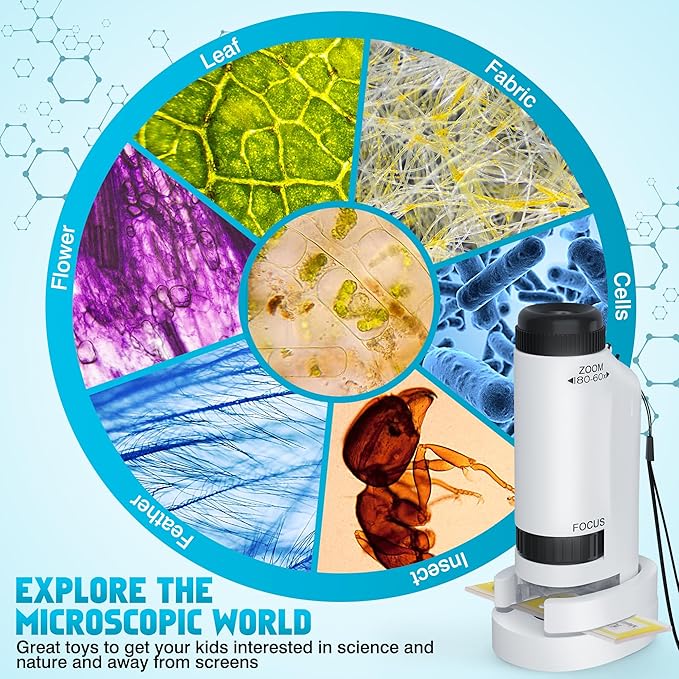 Portable Microscope for Kids Zoom 60x-180x,Handheld Mini Microscope STEM & Science Toys,LED Pocket Little Scientist Microscopes with 12pcs Slides,Gifts for 6,7,8,9,10+ Girls Boys（Blue&White）
