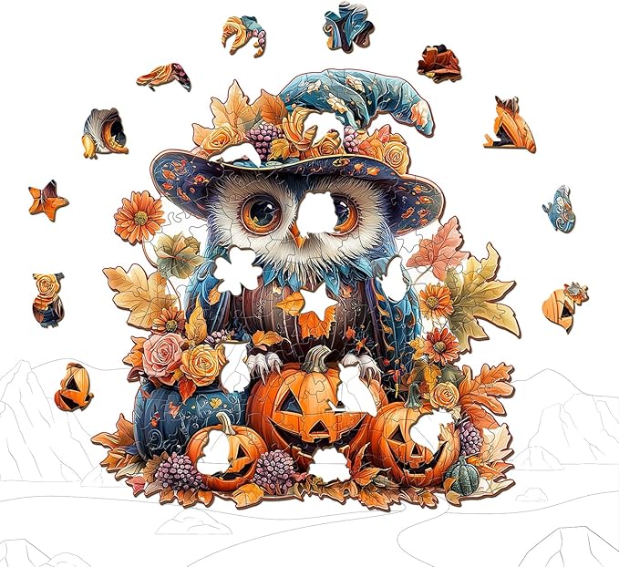 Wooden Puzzles for Adults - 200 Pieces Halloween Owl Puzzle - Unique Animal Shapes Wooden Jigsaw Puzzles for Adults - Eco-Friendly Animal Puzzle Home Office Decor (M-11.4 * 11.4in)