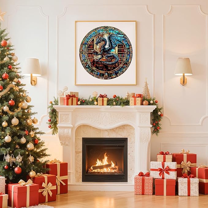 Wooden Puzzles for Adults - The Dragon's Library Wooden Jigsaw Puzzle, Unique Animal Shaped Wood Puzzles Adult, Christmas Birthday Gifts for Friends/Family, Home Decor 13.4 * 13.4in 300pcs