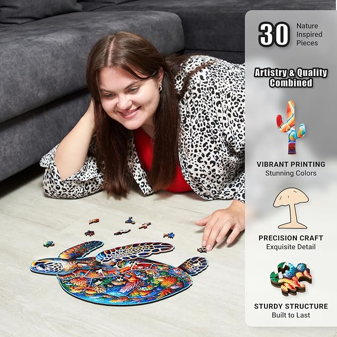 LEOGOR Wooden Jigsaw Puzzles for Adults 200 Pieces (16 × 10.4 in), Sea Turtle Puzzle, Extra-Thick 5mm Wood, Colorful Ocean Mosaic, Unique Gift for Adults and Teens