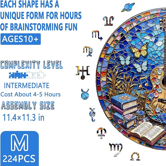 Wooden Puzzles for Adults, Stained Glass Guitar Wooden Jigsaw Puzzle for Adults, Music Books Wood Puzzles Adult, Unique Shape, Fun Presents for Friends, Wall Art Home Decor(M -11.4 * 11.3in-224 pcs)