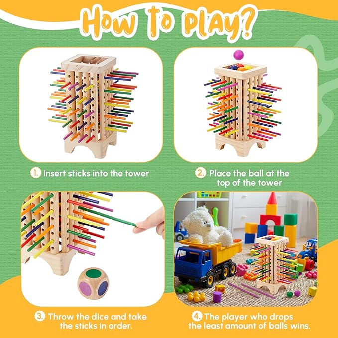 Montessori Game with Colorful Wooden Sticks Tower Dice Ball Wooden Board Games Fine Motor Skills Counting Math Educational Toys for Family Travel(Square)