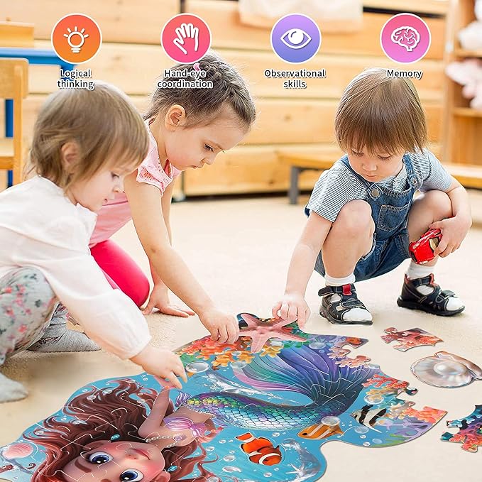 Floor Puzzles for Kids Ages 3-5, Mermaid Puzzles for Toddler Ages 4-6, 48 Pieces Jumbo Puzzles with Box, Mermaid Toys for Gifts 3-8 Years Old