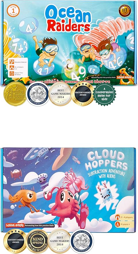 Addition and Subtraction Games - Pack of 2, Ocean Raiders and Cloud Hoppers, Math Board Games & STEM Toys for 6-8 Year Olds, Educational Gift for Kids, Homeschoolers, Kindergarten and Up