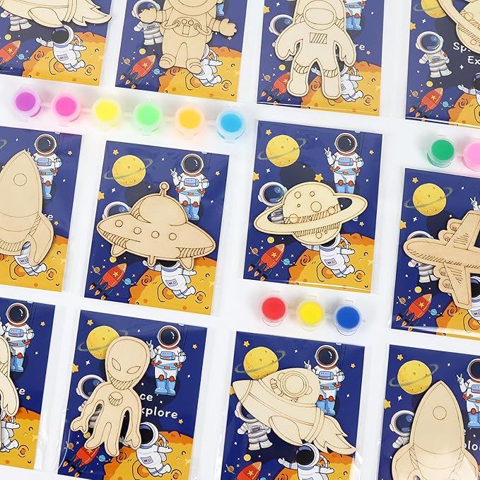 LARDUX Space Party Favors, 24PCS DIY Wooden Arts & Crafts Painting Kit for Kids, Glow in The Dark Party Favors Family Crafts Birthday Party Christmas Gifts Toys for Boys Girls