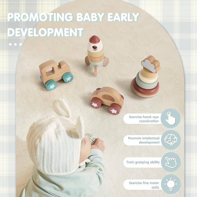 FReniland Wooden Montessori Toys, 4-Piece Wooden Baby Toy, Rainbow Stacking Ring,Car Push and Pull Toy, Rocket Stacking Ring Babys Toys,Newborn Baby Gift Sets for Boys and Girls
