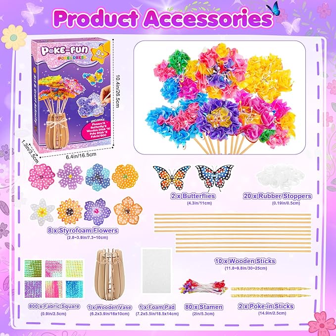 Poke Art and Craft Flower Bouquet Kits for Girls, 8 Flowers & 2 Butterflies with Wooden Vase, Mess Free DIY Creative Activity, Birthday Gifts Toys for 5 6 7 8+ Year Old Girls