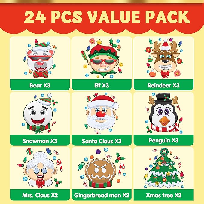 JOYIN 24 Pcs Christmas Make-a-face Stickers, Make Your Own Characters Mix and Match Sticker Sheets with Christmas Elf, Santa Santa, Snowman, Penguin, and Polar Bear Kids Party Favor Supplies Craft