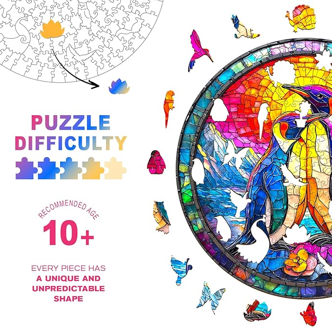 Wooden Puzzles for Adults - Colorful Couple Penguins Wooden Jigsaw Puzzle, Unique Animal Shaped Wood Puzzles Adult, Christmas Birthday Gifts for Friends/Family, Home Decor 13.4 * 13.4in 295pcs