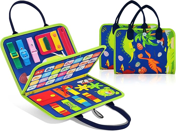 Dinosaur Montessori Learning Toy for Toddlers Ages 1-4 Years, Busy Sensory Board with Educational Activities, Travel-Friendly Developmental Skills Toy