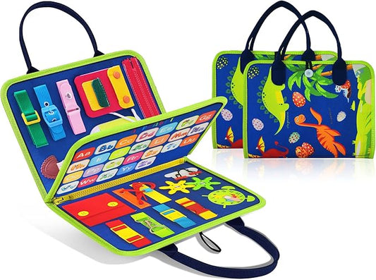 Dinosaur Montessori Learning Toy for Toddlers Ages 1-4 Years, Busy Sensory Board with Educational Activities, Travel-Friendly Developmental Skills Toy