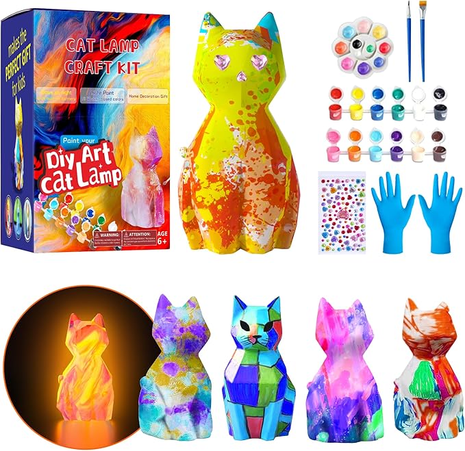 Paint Your Own Cat Lamp Kit,Toys for Ages 8-13 Art Supplies Arts and Crafts for Kids Ages 8-12,Halloween Decorations Christmas Night Light Art Kit,Birthday Gifts for Party Decorations