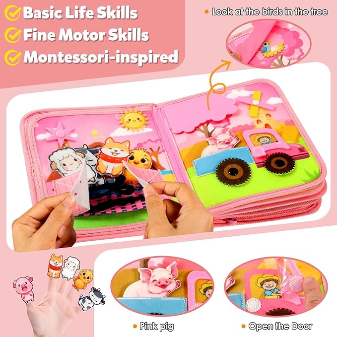 Montessori Busy Book for Toddlers 1-3, Busy Board Montessori Toys for 1 Year Old Girl Birthday Gifts, Educational Learning Sensory Activity Books, Quiet Book Travel Toys for Airplane Car