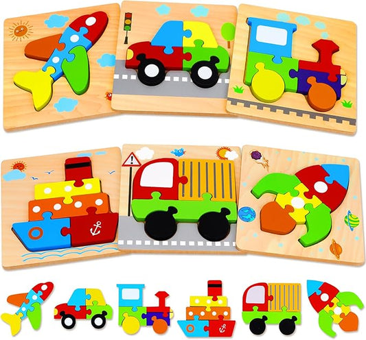 Wooden Puzzles Toys for Ages 2-4, Toddler Puzzles Toys Gifts for 1 2 3 Years Old Boys Girls, 6 Pack Vehicle Shape Montessori Learning Toy for Kids Babies Toddlers 1-3 2-3 12 18 Months