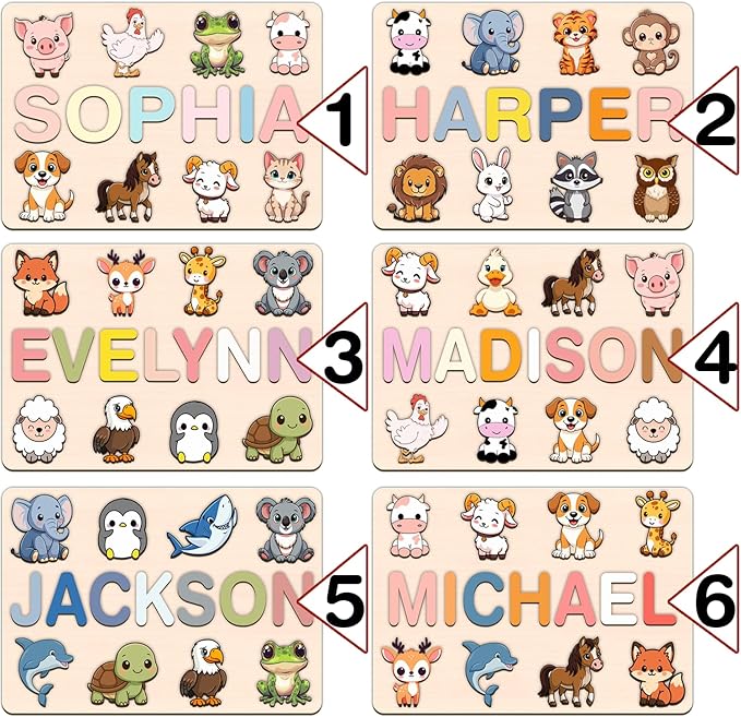 LOVELYPOD Personalized Name Puzzle for Kids, Custom Name Puzzles for Toddlers 1-3 Animal Puzzle, Customized 1st Birthday for Girls & Boys Wooden Toys for Kids, for New Baby - Style 3