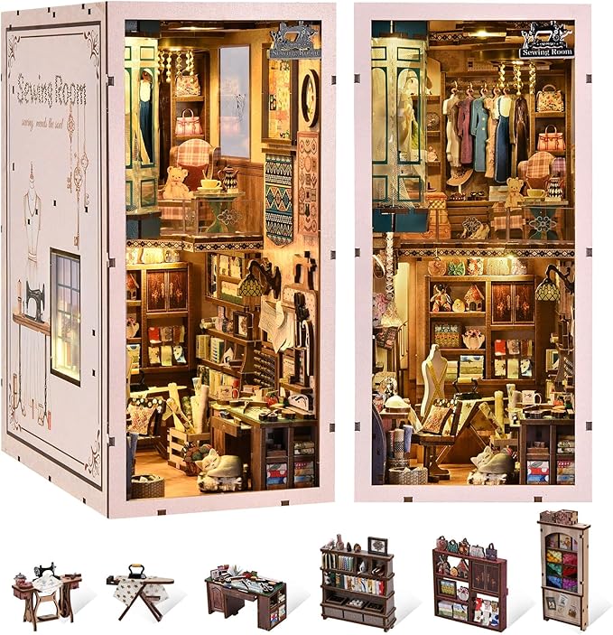 Book Nook Kit, DIY Miniature House Dollhouse Kit for Adults and Teens, 3D Wooden Puzzle Bookend Creative Bookshelf Insert Decor with LED Light, Gifts for Family, Friends (Sewing Room)