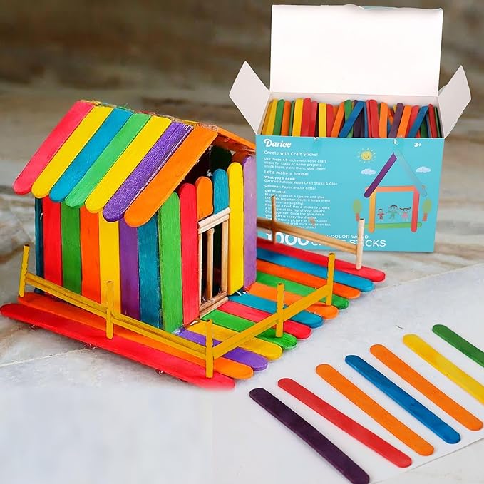 Darice 1000 Pcs Colored Popsicle Sticks for Crafts, 4.5" Colorful Wooden Rainbow Craft Sticks Supplies, STEM DIY Art, Ages 3+