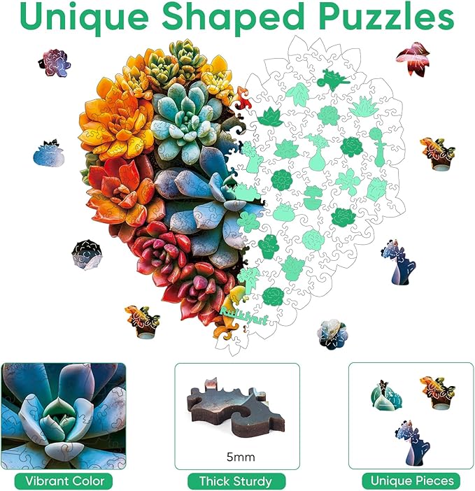 Ruikiyart Wooden Puzzles for Adults, 5MM 200 Pieces Succulent Heart Wooden Jigsaw Puzzles, Plant Unique Shaped Puzzle Gifts for Adults and Kids on Thanksgiving, Family Puzzle Games(11.4"*11.2")
