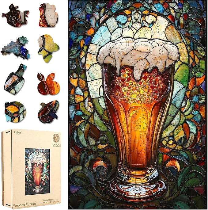 delobil Wooden Puzzles for Adults, 5MM Thick Beer Jigsaw Puzzle 500 Piece, Unique Shaped Wood Puzzle Birthday Gifts for Friends and Family Game 16.7 * 11.1Inch