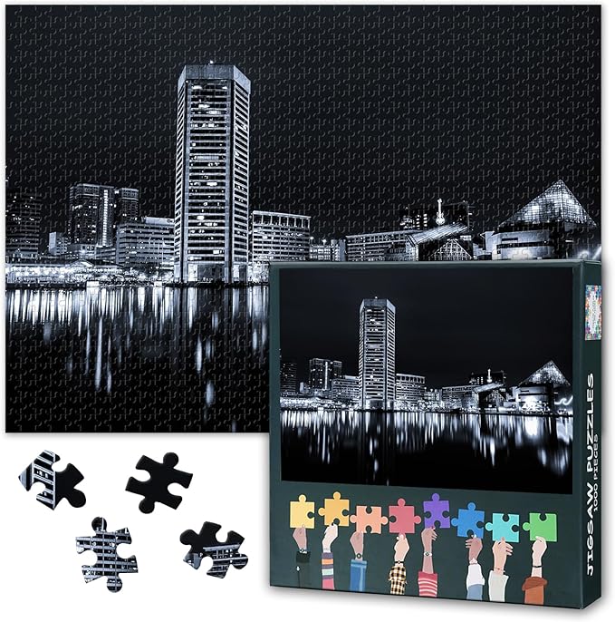 Puzzles for Adults 1000 Pieces - The Baltimore Inner Harbor Skyline at Night Jigsaw Puzzle (27.5x19.7 Inch), Cityscape Challenging Puzzles for Adults, Family Game for Men & Women