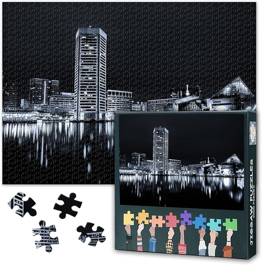 Puzzles for Adults 1000 Pieces - The Baltimore Inner Harbor Skyline at Night Jigsaw Puzzle (27.5x19.7 Inch), Cityscape Challenging Puzzles for Adults, Family Game for Men & Women