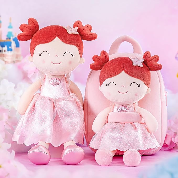 Gloveleya Back to School Gifts for Girls Toddler Backpack for Girls Kids Backpacks Soft Girl Toys Plush Baby Girl Gifts with Plush Princess Mermaid Qearl Doll Red 9"
