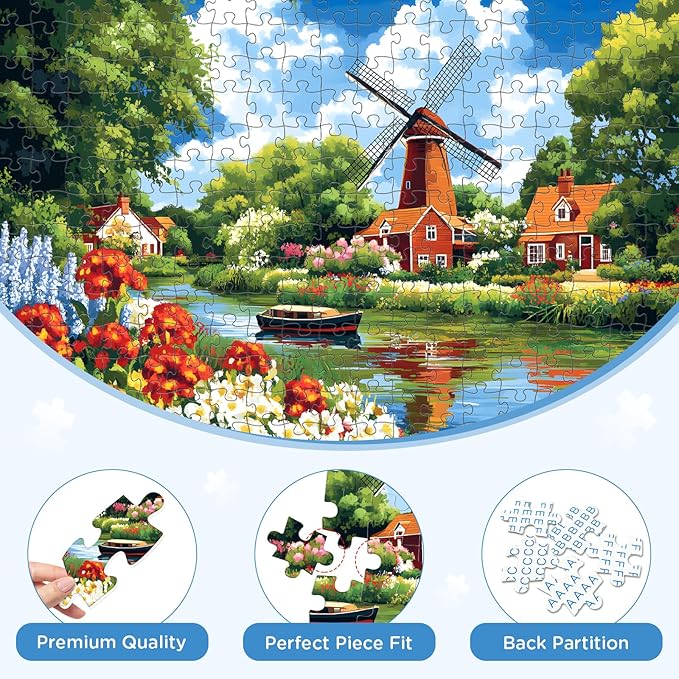 300 Piece Puzzles for Adult, Flower Jigsaw Puzzles 300 Pieces for Adults Kids Senior, Windmill River Adult Jigsaw Puzzles, Challenging Family Fun Puzzle Activity Game Gift for Friend 20.5 X 15 in