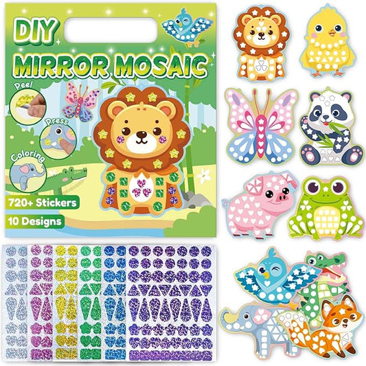 iGetooy 10 Sets DIY Mosaic Stickers for Kids, Animal Art Craft Kit with 720+ Stickers, Travel Toys for Kids, Birthday Gifts for Girls and Boys 3-8 Year Olds