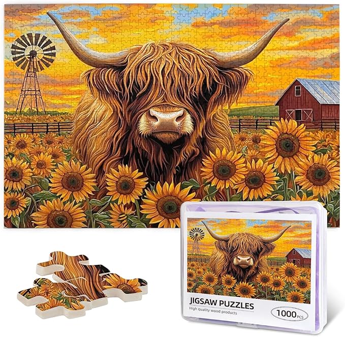 Beautiful Sunflower Highland Cow Jigsaw Puzzle 500 Piece for Adult, Sunflower Jigsaw Puzzles Flowers Puzzle Nature Animal Flower Painting Jigsaw Puzzles Birthday Gifts for Adults and Family Game
